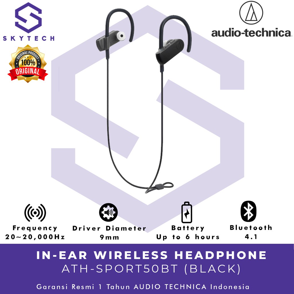 EARPHONE BLUETOOTH AUDIO TECHNICA SPORT50 BLACK ORIGINAL GARANSI RESMI