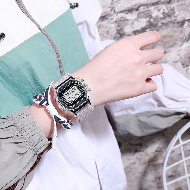 [BISA COD✓] Jam Tangan Couple Wanita Pria Digital Transparan Square Dial Couples Watch Import Fashion Korea Style Sport Strap Rubber Led Digital Terlaris