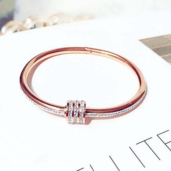 Gelang Titanium Wanita Berlian Lapis Emas 18K Anti Karat Bangle Korea Perhiasan-rose gold