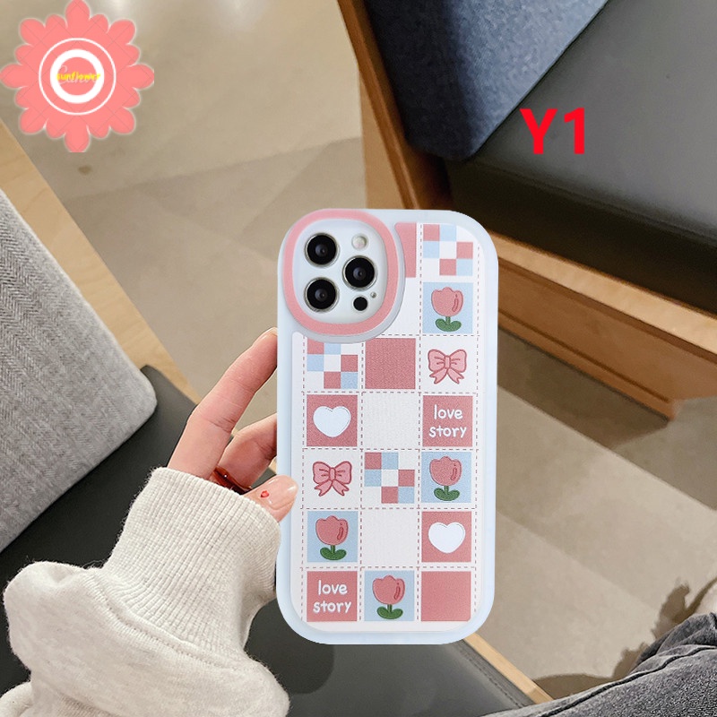 Soft Case TPU Motif Kartun Bunga Kotak-Kotak Untuk iPhone 11 12 13 Pro Max 6 6s 7 8 Plus SE 2020 X XR XS Max