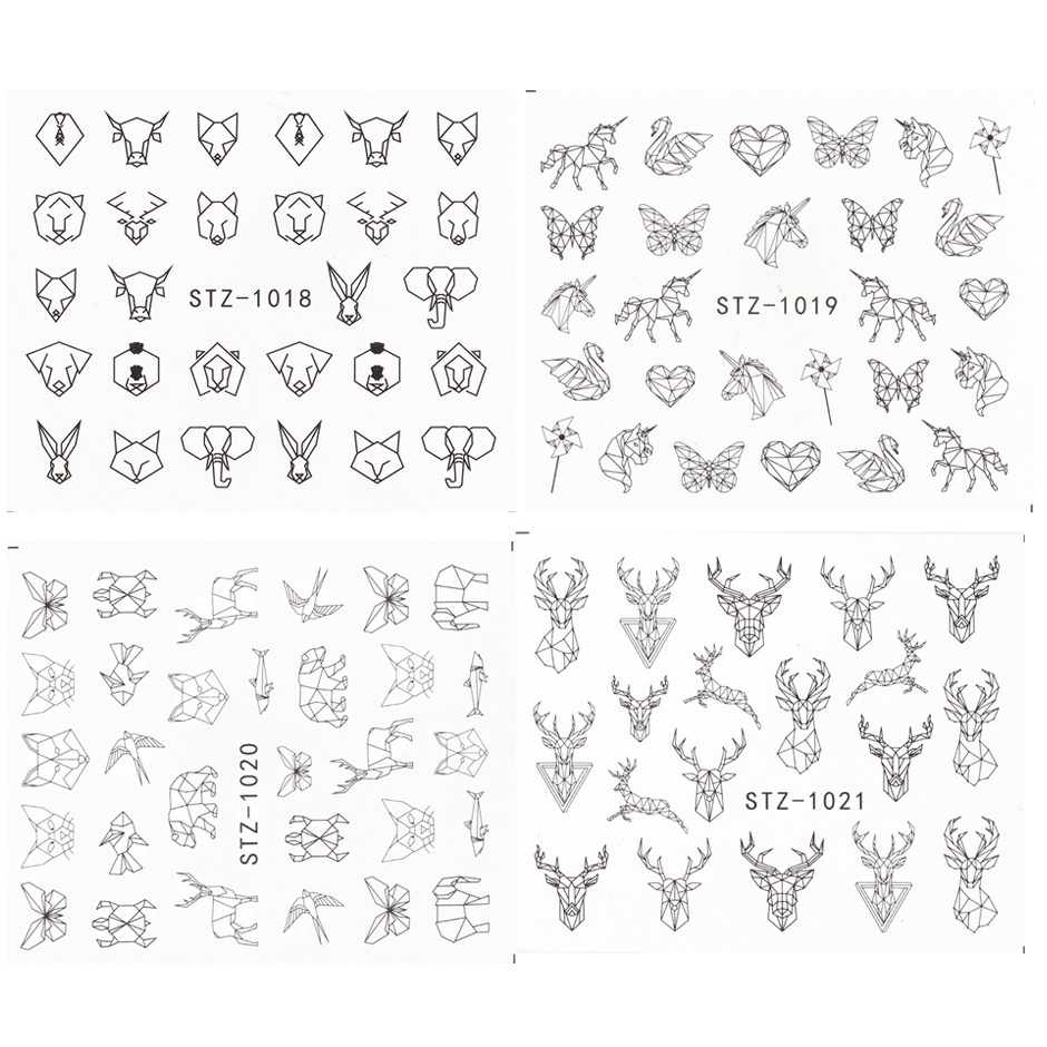 Image of Stiker Kuku Desain Hewan Rusa Rubah Babi Geometri Warna Hitam Untuk Aksesoris Manicure #7