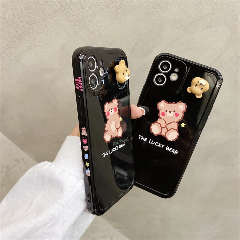 IPHONE 3d Rotatable Bear Couple Phone Case Cover Kartun Pelindung Lembut Untuk Iphone7 8 PLUS X XR XS 11 12 13 PRO MAX SE 2020