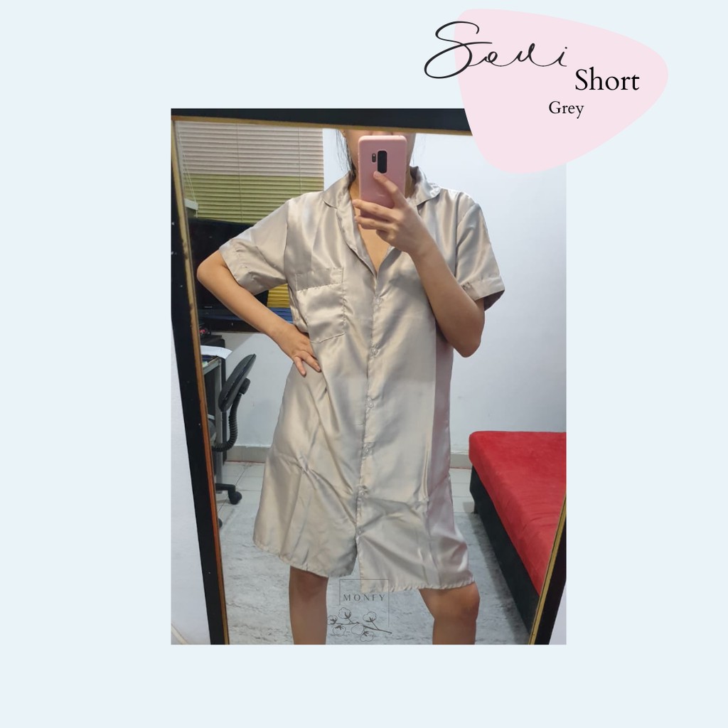 BAJU TIDUR DRESS SATIN CANTIK SOVI GREY