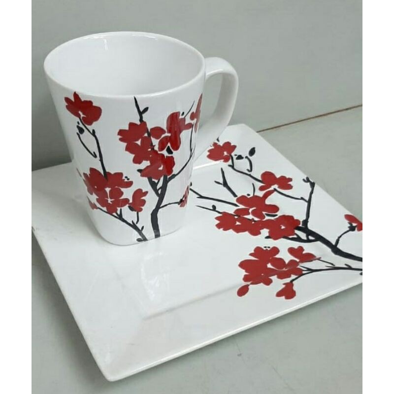 SET PIRING GELAS MUG MOTIF BUNGA SAKURA KERAMIK SANGO HIAS CANTIK