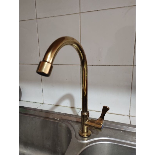 Kran Cuci Piring - Keran Air Sink Angsa Tanam Wastafel Engkol Minimalis Gold Emas - Kran Sink Bak Cuci Piring Tanam Washtafel Bagus