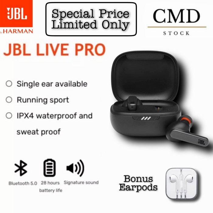 Jbl Live Pro + Tws Headset Bluetooth Tws Jbl Wireless Earphone Earbuds - Putih