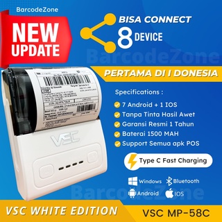 PRINTER BLUETOOTH THERMAL VSC MP-58C 58mm SUPPORT FAST CHARGE / CHARGING - TYPE C - POWERBANK - PUTIH