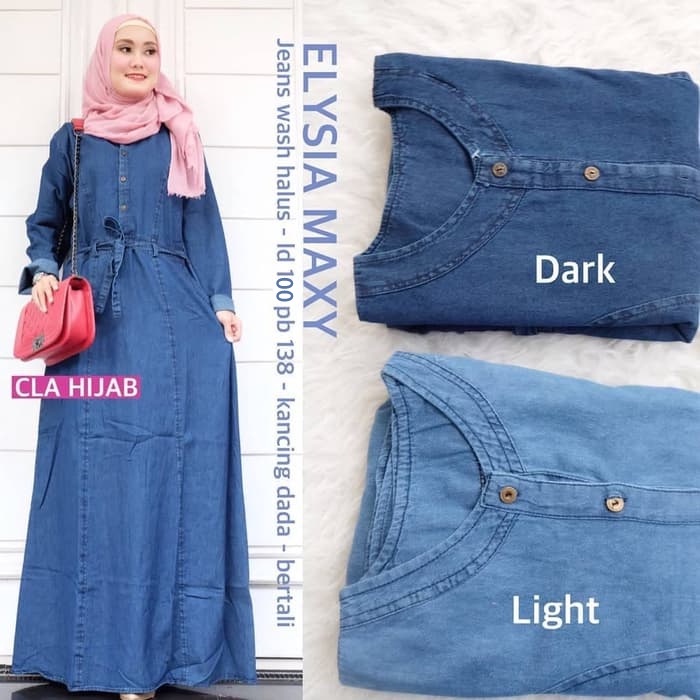 Dress Jeans Wanita Motif Polos LD100 PB138 Bahan Jeans Wash HQ Kancing Aktif Tali Pinggang Serut