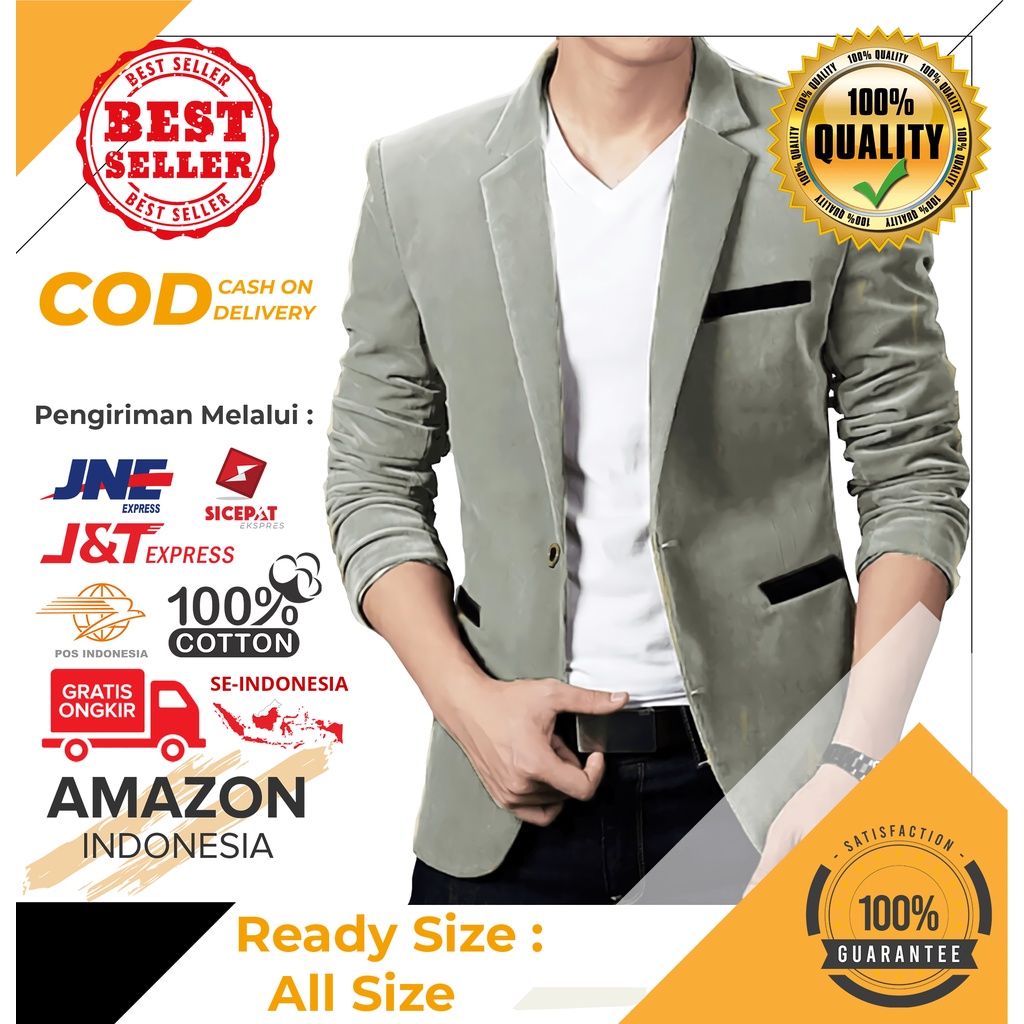 PAKAIAN KERJA BLAZER PRIA JAS PRIA STYLE KASUAL FORMAL TRENDY SOFT GREY ABU MUDA POLOS KATUN PREMIUM