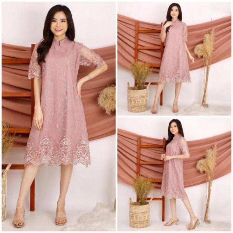 Dress Wanita Pesta Natal Brokat Wanita Dewasa Midi Dress Shanghai Wanita Stye Masa Kini Bahan Tile  