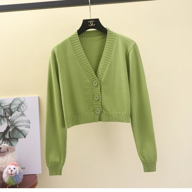 Bailey / Bianca Crop Cardi - Kardigan  Rajut Kombinasi Kancing-Avocado