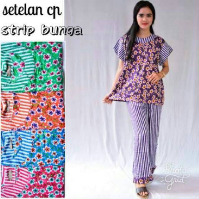 Setelan Cp Strip Bunga Bahan Santung Batik Pekalongan