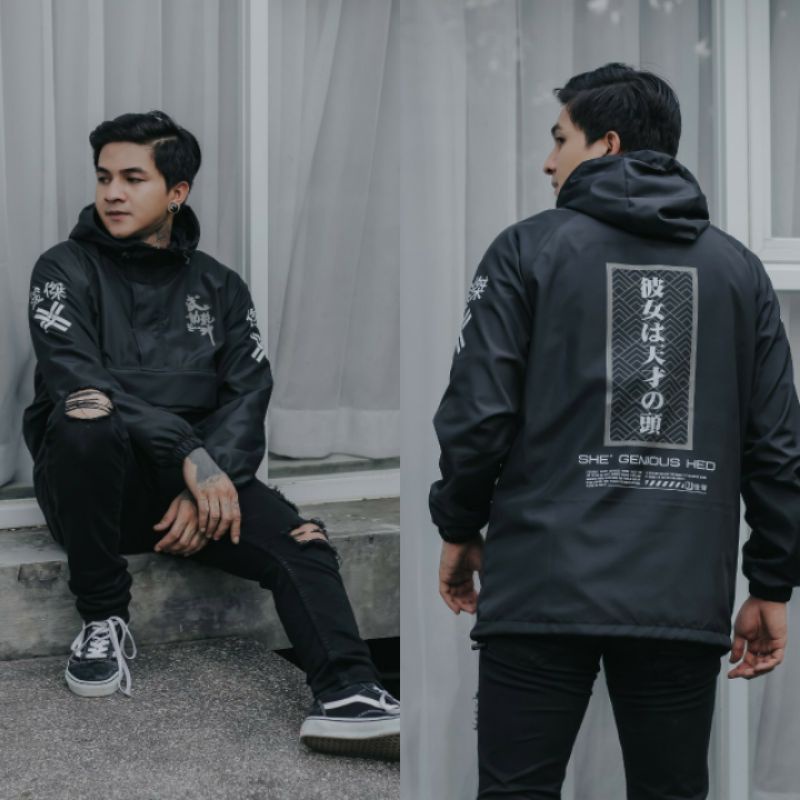 Jaket pria IKC 002 distro cbr Bandung hoodie dua sisi bolak balik keren grosir jaket cagoule erigo Jaket Pria Parasut Anti Air-CG Hitam Blkng Jpn