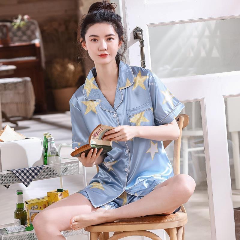 Piyama satin import / baju tidur wanita / piyama ice silk sutera-Star blue