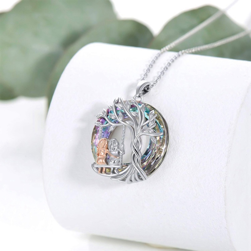 Fancyqube Kalung Sterling Silver S925 Hias Liontin Pohon Kehidupan Kristal Warna-Warni Untuk Wanita