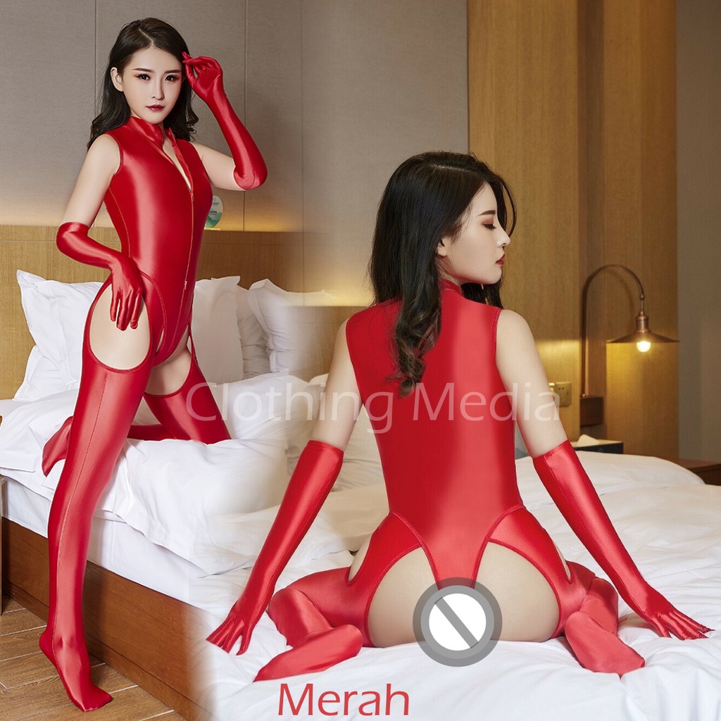 Bodysuit Set 3pcs Premium Warna Satin Pantyhose Glove Baju Leotard Zipper Catsuit