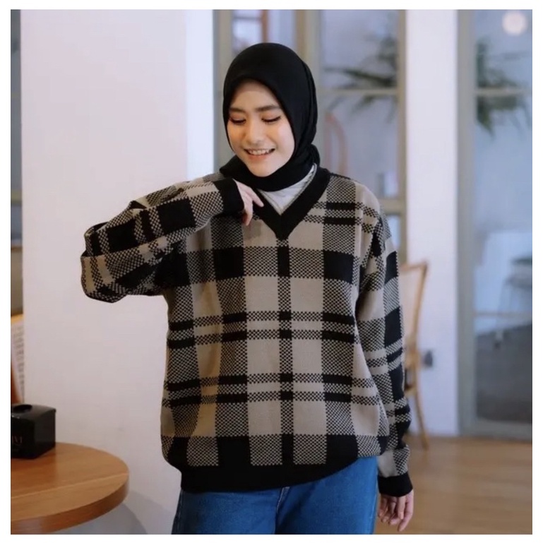 SWEATER RAJUT WANITA PREMIUM OVERSIZE MOTIF TARTAN KOTAK KUALITAS PREMIUM STORE09