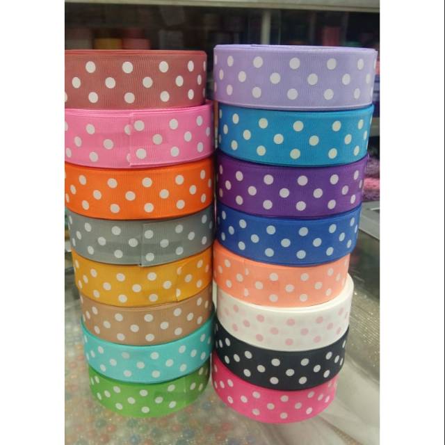 Pita grosgrain motif polka dot 2.5cm rol 10 yard / pita hiasan parcel hampers natal