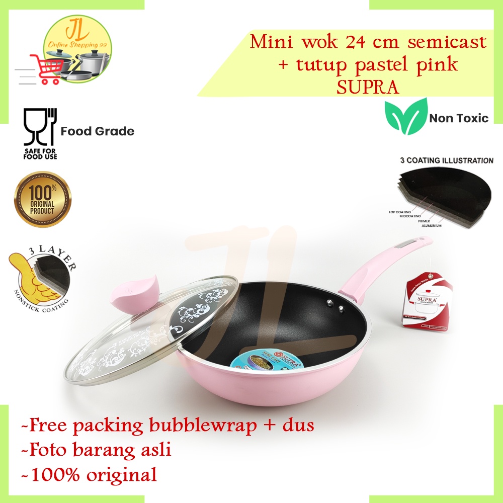mini wok 24cm supra warna pastel pink + tutup kaca / panci penggorengan