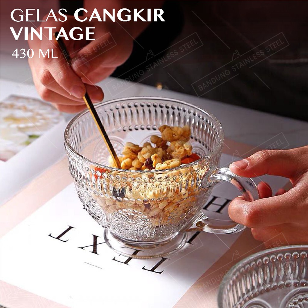 Gelas 430ml Cangkir Kaca Glass Mangkuk Sereal Cereal Cup Crystal Vintage Retro Gaya Nordic Cantik