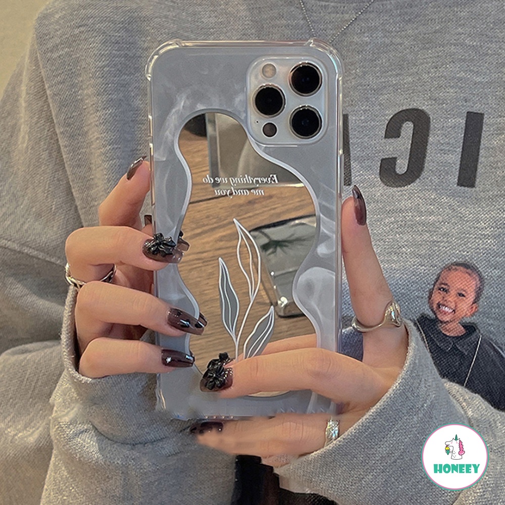 Soft Case TPU Motif Daun lette Dengan Cermin Makeup Cover IPhone Xr 7Plus 8Plus X XS 14 13 11 12pro Max Bumper Flexible