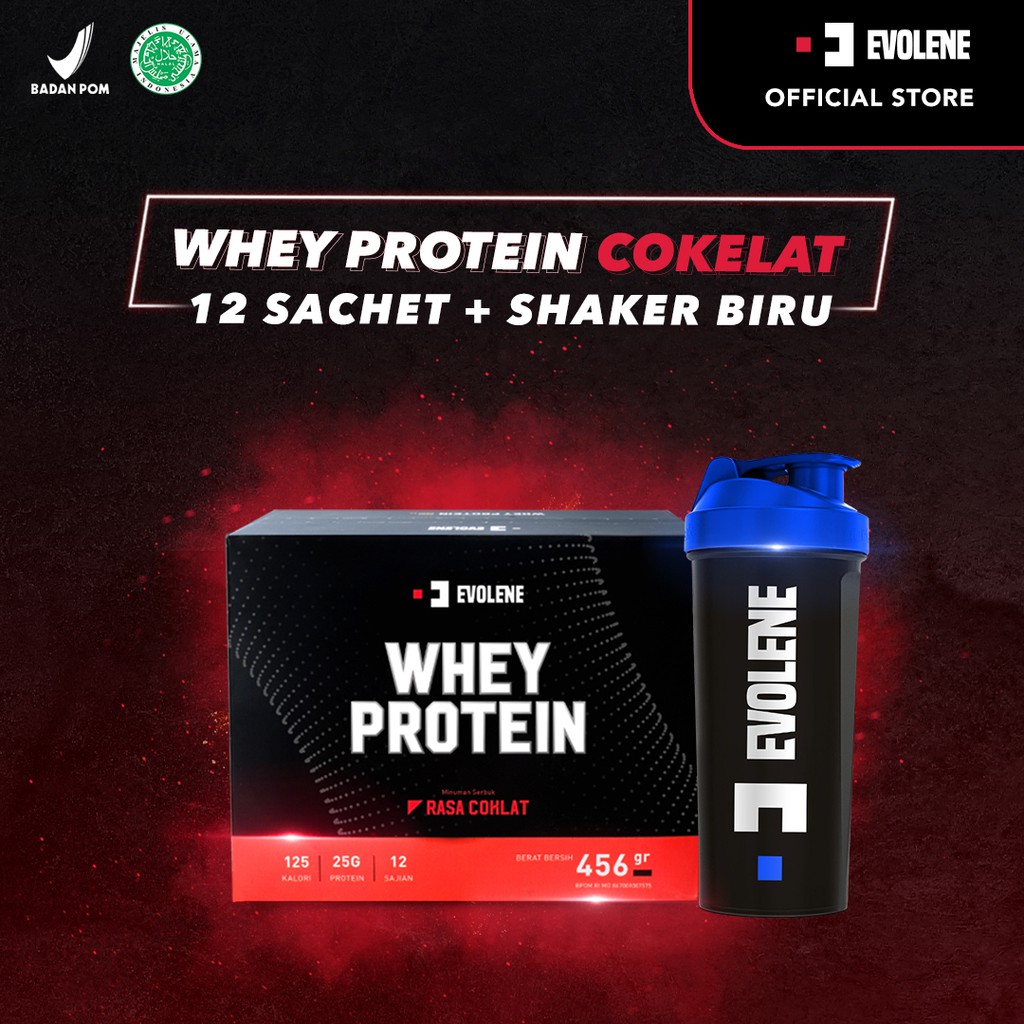 | Whey Protein | Coklat | 456gr/12 Sachet | + Shaker | Biru | - Suplemen fitness pembentuk Otot - Defisit kalori - Susu Protein - Suplemen Fitness - Minuman Protein - Suplemen Workout Evolene Evoline Evolen