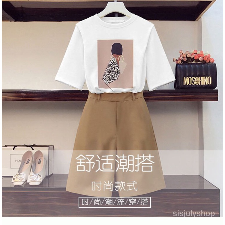 #Sisjuly# Wanita Lengan Pendek Setelan Gaya Korea Temperamen Cetak T-shirt Longgar Pinggang Tinggi C