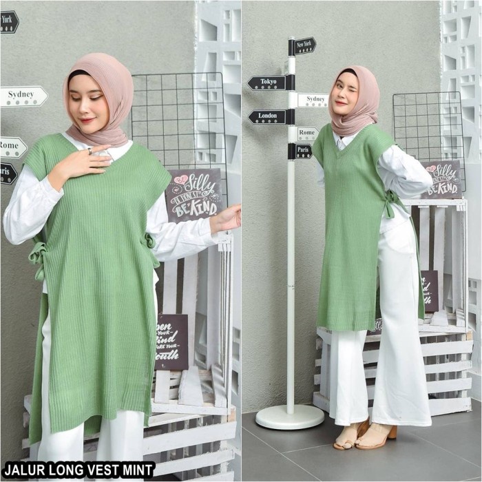 Rompi Rajut Wanita Panjang Polos Tali Samping JALUR LONG VEST Outer - MINT