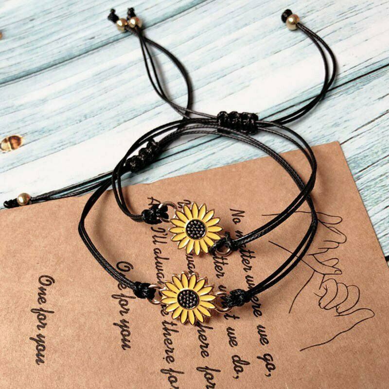 2pcs / set Gelang Persahabatan Desain Bunga Matahari Daisy Hati Dapat Disesuaikan Untuk Pasangan