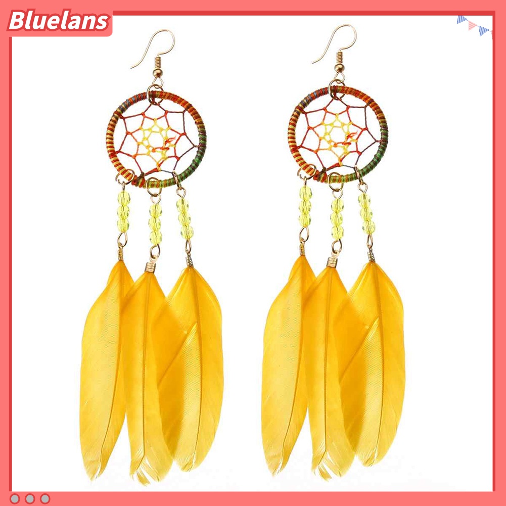 Anting Kait Gantung Desain Dream Catcher Hollow Hias Manik-Manik Bulu Gaya Bohemia Untuk Wanita