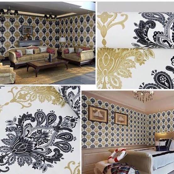 Promo Grosir murah wallpaper stiker dinding kream batik modern hitam