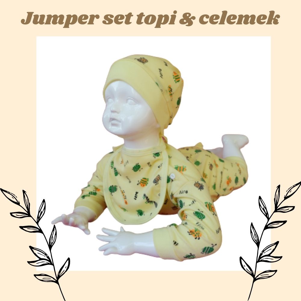 sleep suit karakter set celemek dan topi / baby jumper / baju bayi set