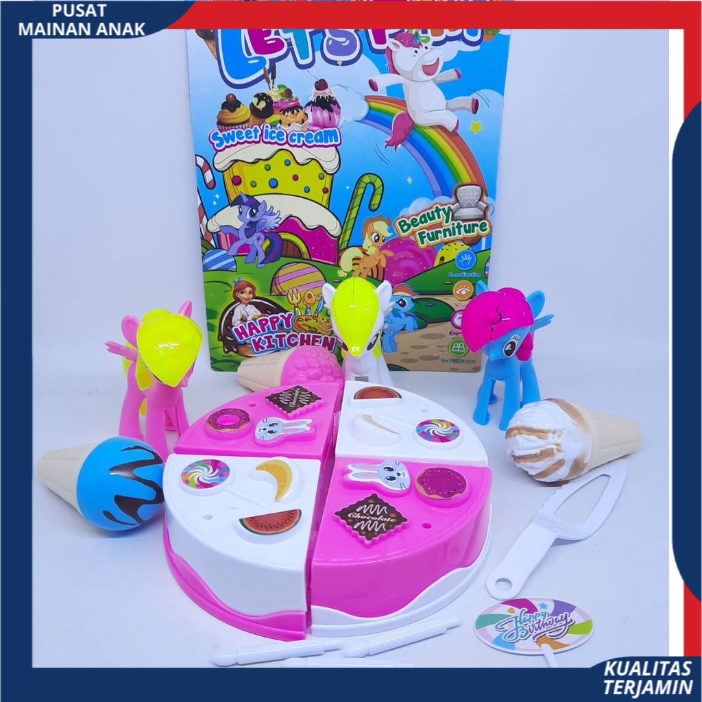 Mainan Anak Kuda Pony Bonus Es Cream Kue Tart Potong Ulang Tahun lilin Set / Edukasi Anak Perempuan