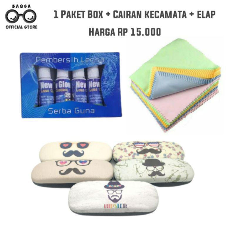 1PAKET BOX KOTAK KACAMATA + CAIRAN PEMBERSIH KACAMATA + KAIN LAP MICROFIBER FRAME LENSA PHOTCROMIC/A