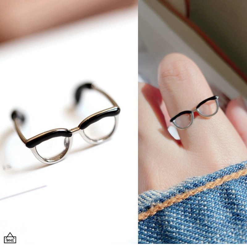 COD❤️Cincin Wanita Pria Korean Fashion Lucu Kecil Model Terbuka Desain Kacamata Enamel Adjustable Untuk Wanita-A.one