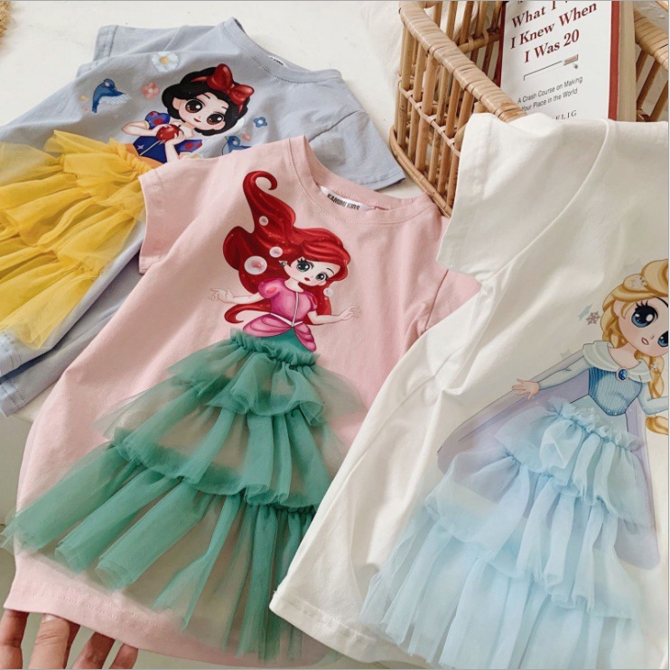 Dress lengan pendek anak perempuan Elsa Snow White Mermaid Model T-shirt/ Dress Kasual