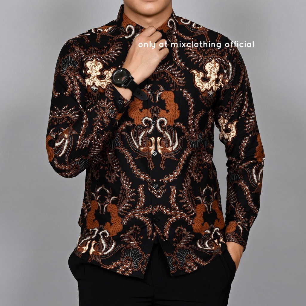 New Premium Baju Kemeja Batik Pria Slimfit Lengan Panjang 1814 Coklat