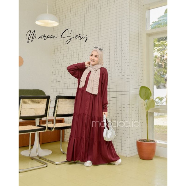 Gamis polos premium Babydoll Lady Dress Rayon Twill Full Kancing dark red maroon merah tua gelap