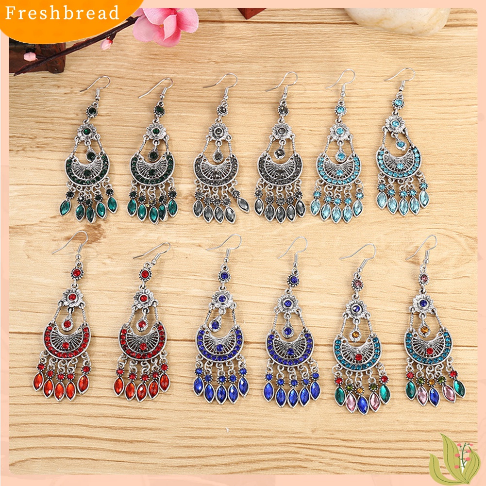 Fresh| Anting Kait Gantung Wanita Desain Bulan Sabitrumbai Panjang Hias Berlian Imitasi Gaya Bohemian Untuk Hadiah