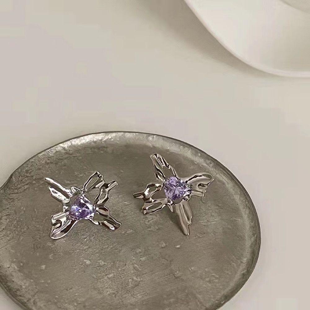 Mxbeauty Anting Wanita Fashion Tidak Teratur Telinga Perhiasan Hadiah Ungu Busur Zirkon Gaya Korea Earrings