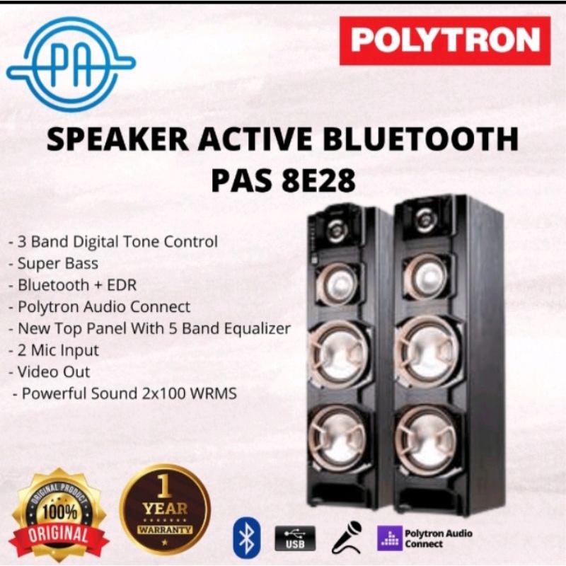 Polytron PAS 8E28 Speaker Aktif Bluetooth Hitam, Woofer 8 Inci x 2 Unit