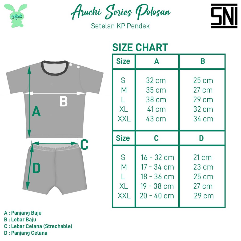 Aruchi Setelan Oblong Pendek Warna Boy / Girl - Aruchi Piyama Bayi / Aruchi Piyama Anak