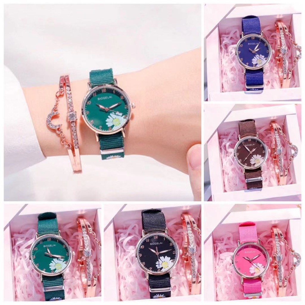 Jam Tangan Canvas Bunga Daisy Wanita Quartz Analog Casual Fashion Gaya Korea Import