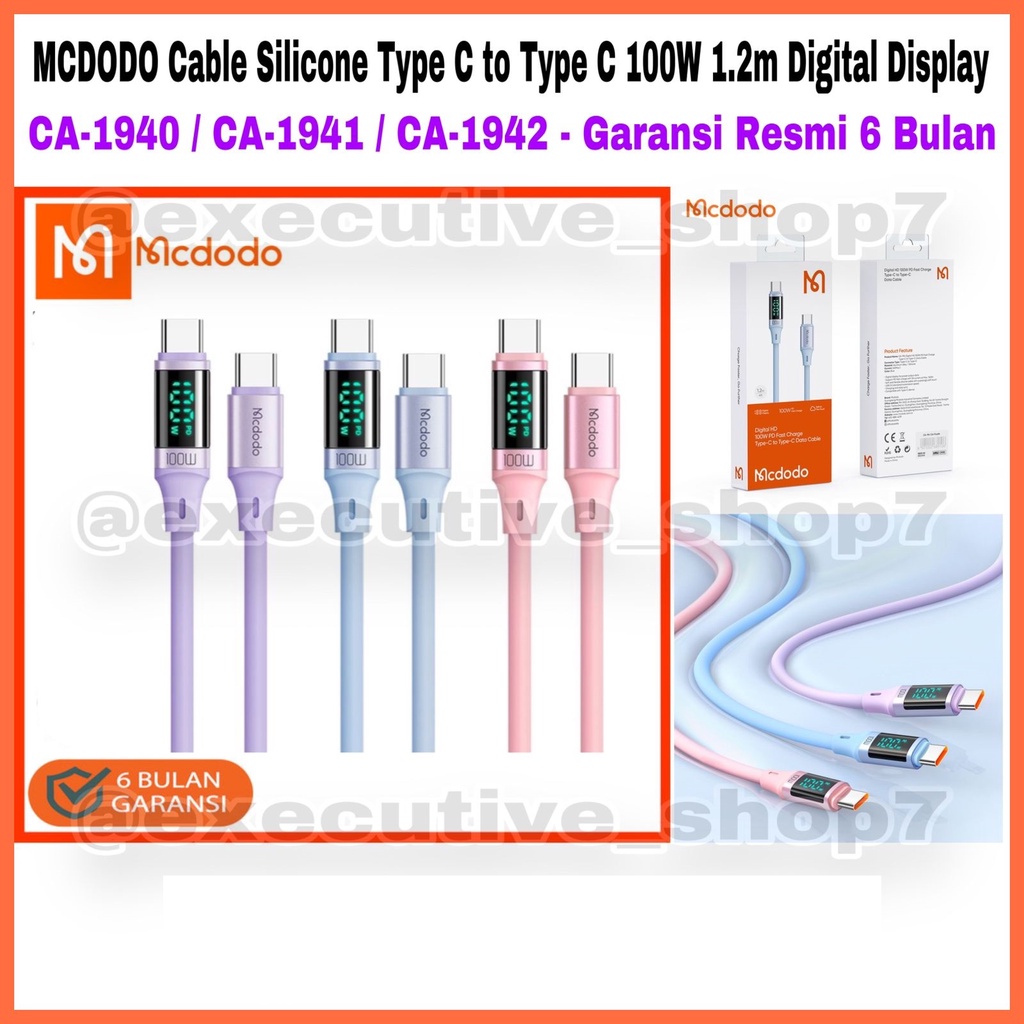 MCDODO Cable Silicone Type C to Type C 100W 1.2m Digital Display CA-1940 / CA-1941 / CA-1942 - Garansi Resmi 6 Bulan