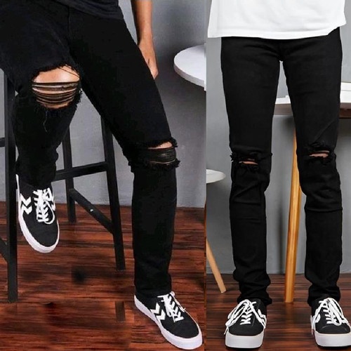 Celana jeans pria sobek lutut ripped, celana jeans panjang strech robek skinny