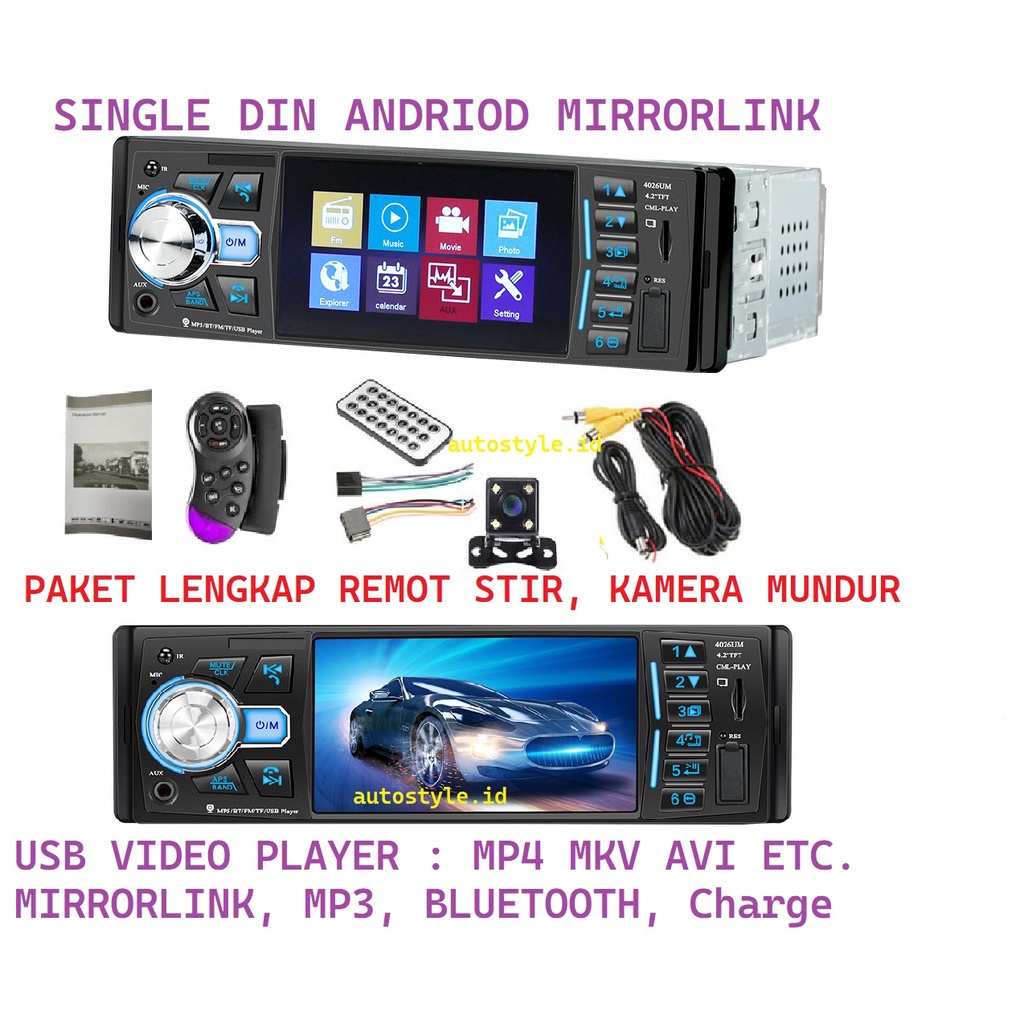 Tape single din 4026 MirrorLink Android Video Player  Bluetooth USB FM Radio paket Lengkap kamera Mundur