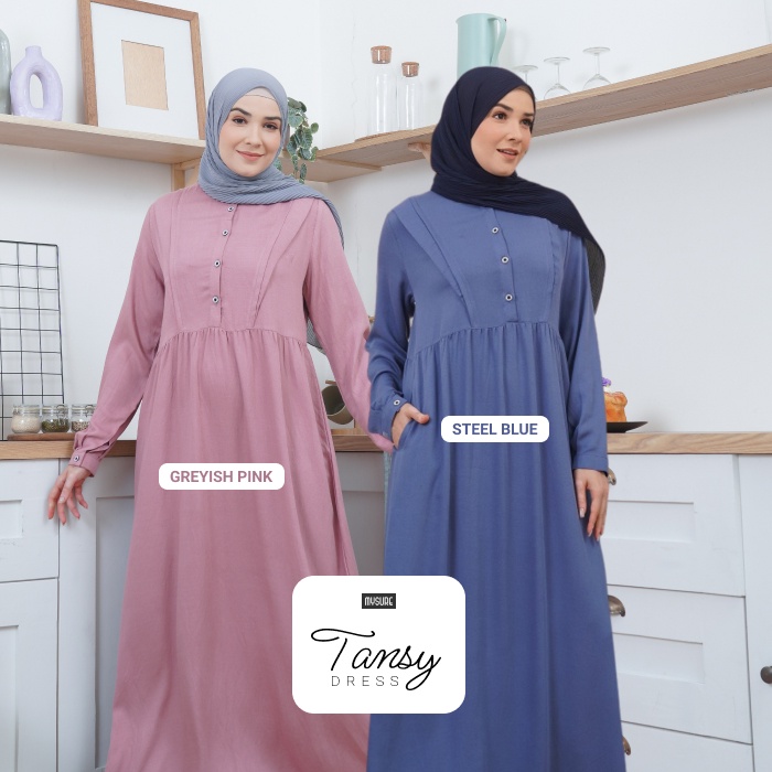 Tansy Dress Mysure Gamis Steel Blue Greyish Pink