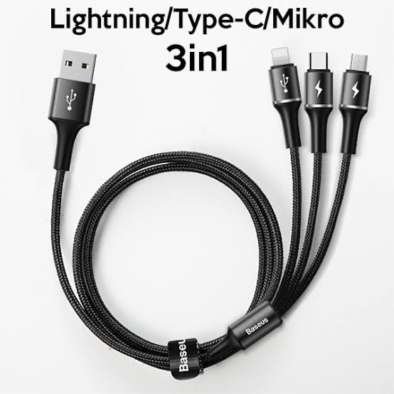 KABEL 3 IN 1 BASEUS HALO MICRO LIGHTNING TIPE C 1.2m IPHONE IPAD TIPE C MICRO CABLE