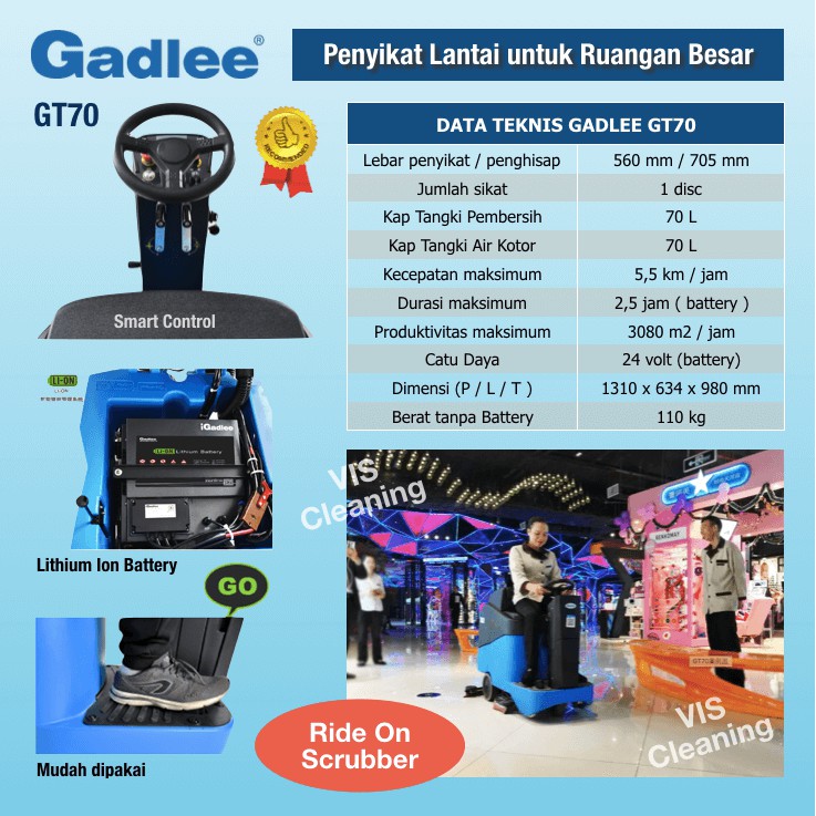 Ride On Floor Scrubber Gadlee GT70 Battery (Mesin Penyikat dan Pengering Lantai)