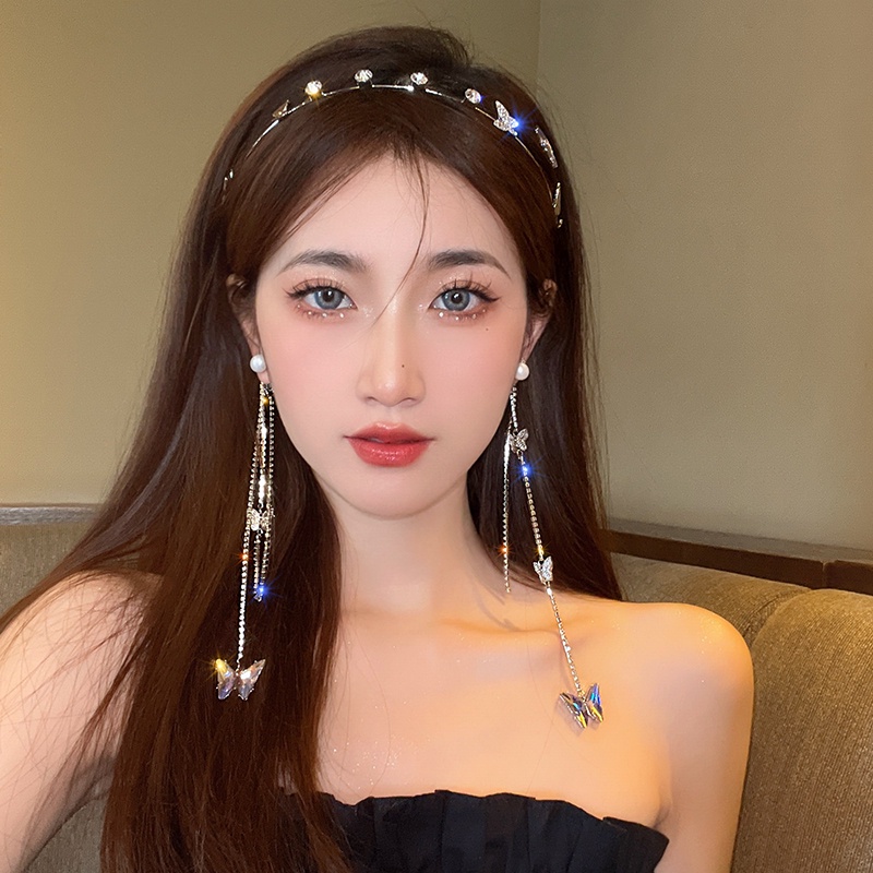 Headband Model Butterfly Tassel Aksen Berlian Untuk Aksesoris Rambut